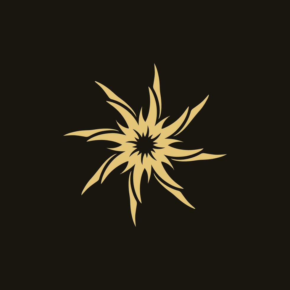 oro mandala tribale fiammeggiante sole simbolo logo su nero sfondo. stampino decalcomania tatuaggio design. piatto vettore illustrazione.