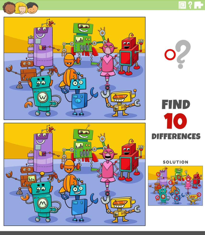 differenze gioco con cartone animato robot personaggi gruppo vettore