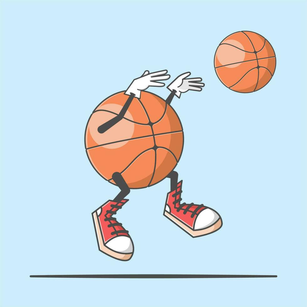 carino cartone animato pallacanestro personaggio nel piatto stile, in mostra un' saltare e lay-up movimento con adorabile rosso scarpe. vettore arte per a tema sportivo disegni