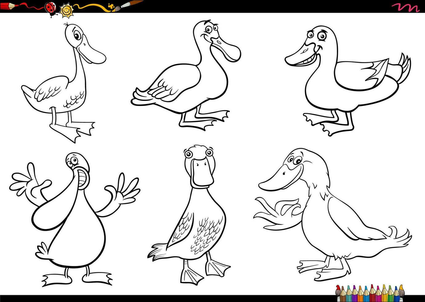 cartone animato anatre azienda agricola animale personaggi impostato colorazione pagina vettore