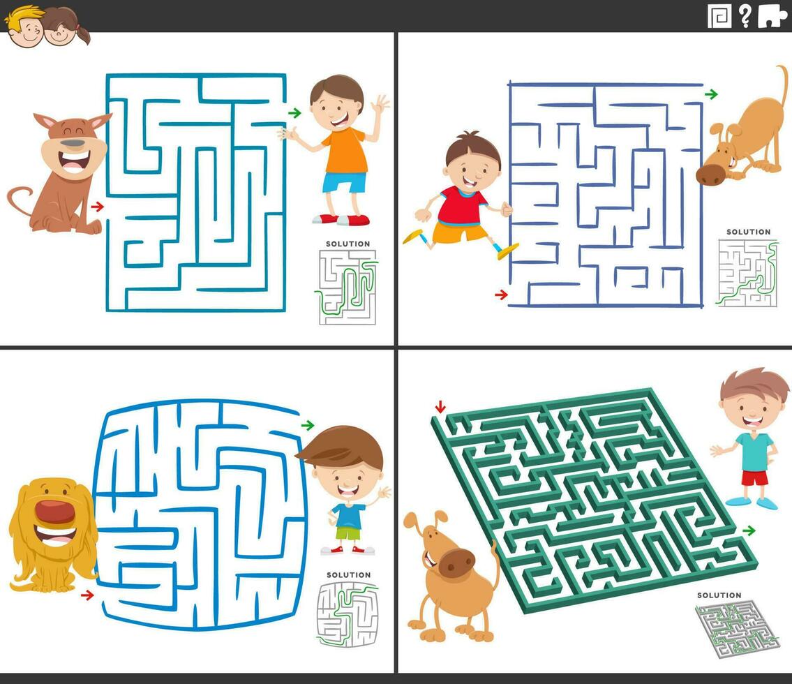 labirinto attività Giochi impostato con cartone animato ragazzi formica loro cani vettore