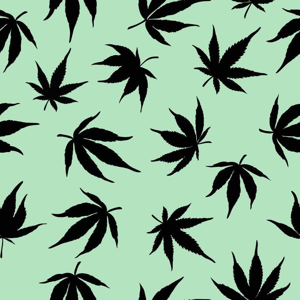 seamless pattern di foglie di cannabis su uno sfondo verde. foglie di canapa nera su sfondo verde. illustrazione vettoriale