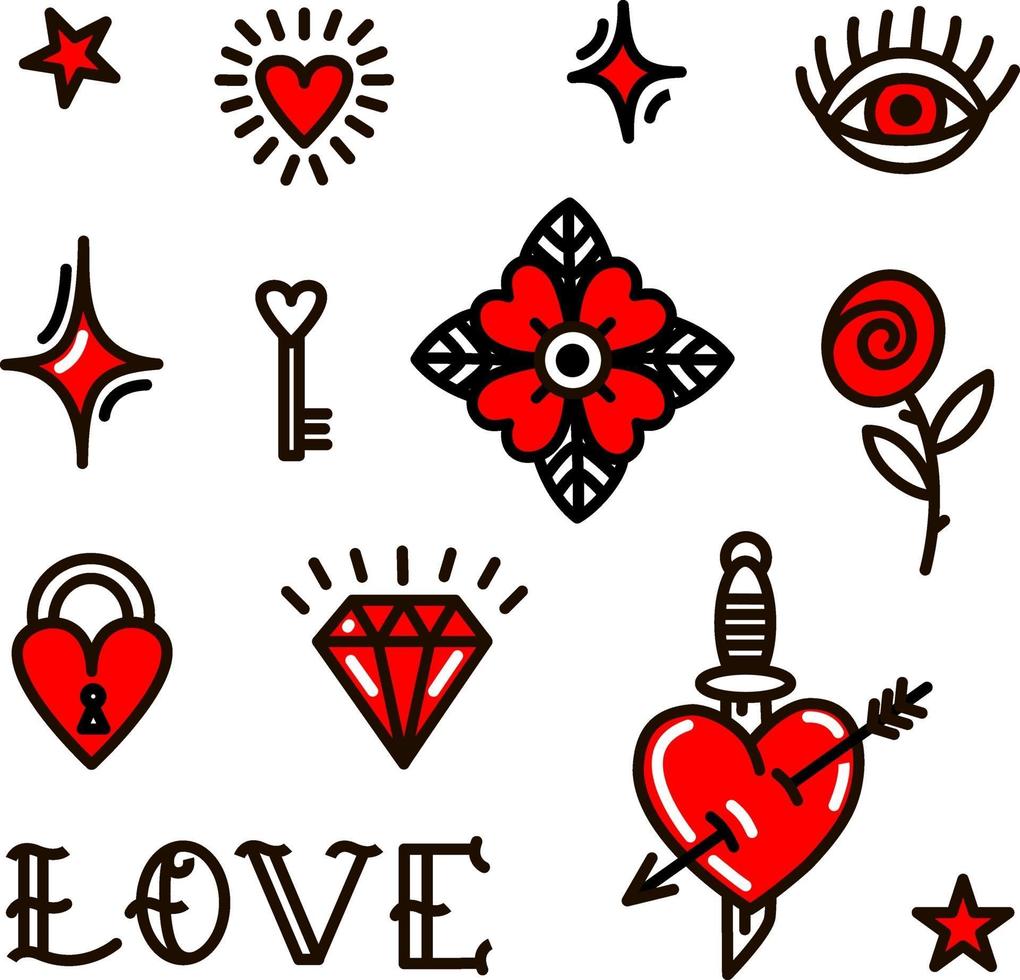 simboli di amore di San Valentino in stile vecchia scuola. illustrazione vettoriale per la progettazione di San Valentino, adesivi, tatuaggi