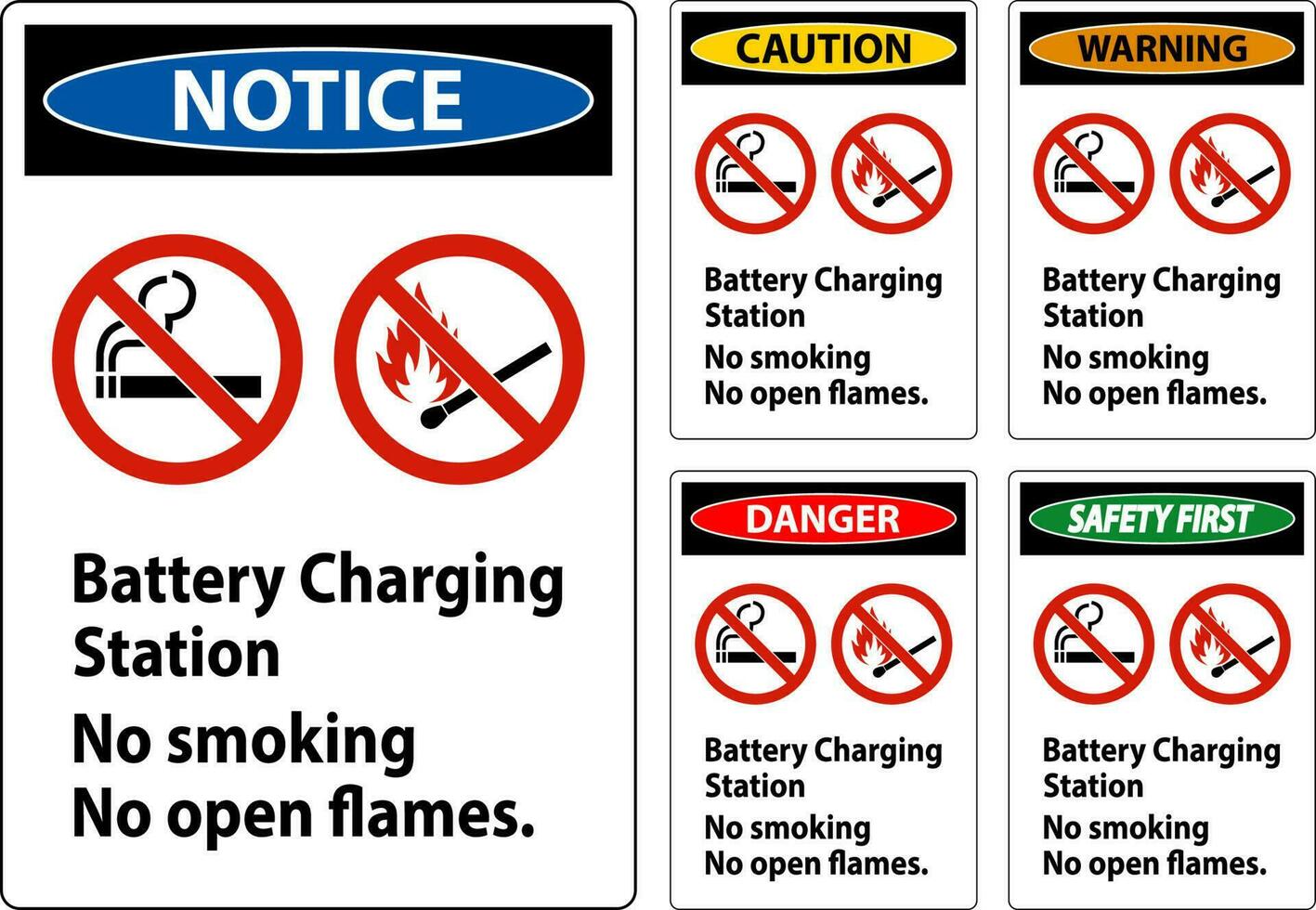 Pericolo cartello batteria ricarica stazione, no fumare, no Aperto fiamme vettore