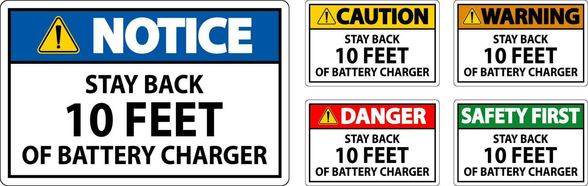 attenzione cartello restare indietro 10 piedi di batteria caricabatterie vettore
