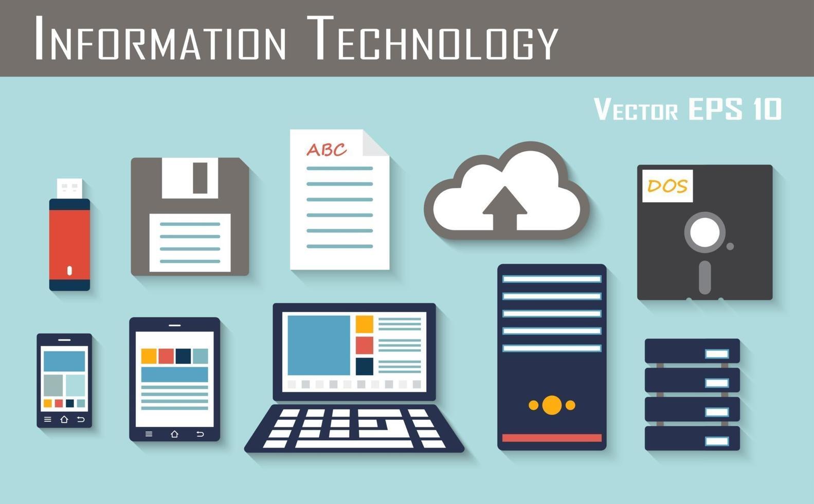 archiviazione e dispositivo elettronico flashdrive o thumbdrive floppy disc paper cloud server dos smartphone tablet laptop hard disk server vettore