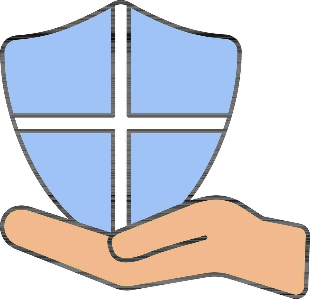 scudo su mano blu e arancia icona o simbolo. vettore