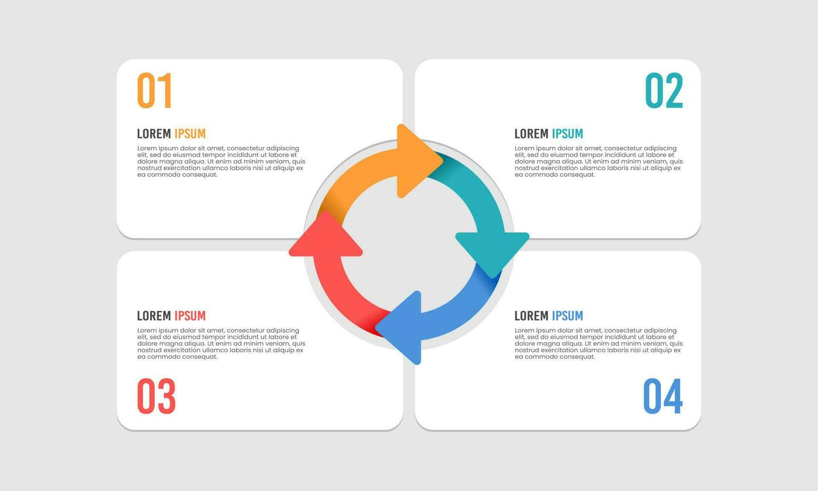 Infografica freccia ciclo con quattro passaggi o opzioni. processi, strategia, pianificazione, grafico. vettore illustrazione.