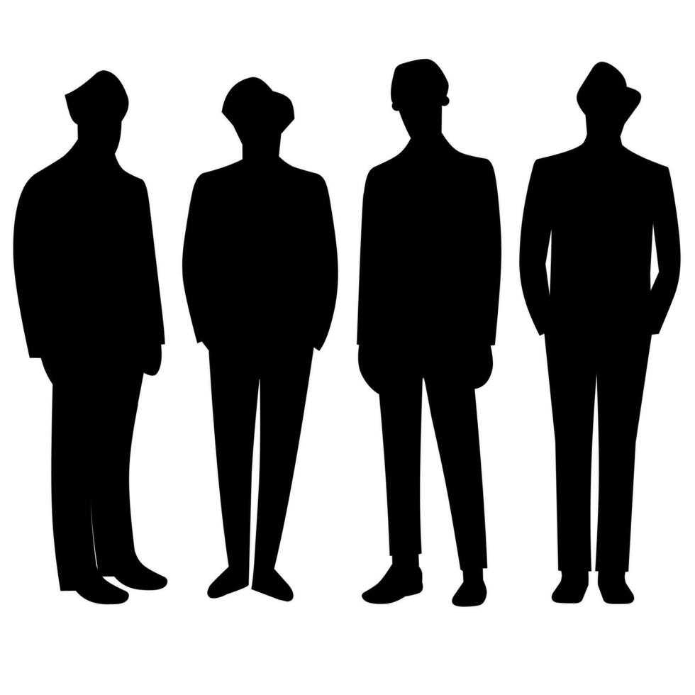 vettore sagome di uomini, gruppo di attività commerciale persone in piedi e a passeggio, nero colore isolato su bianca sfondo