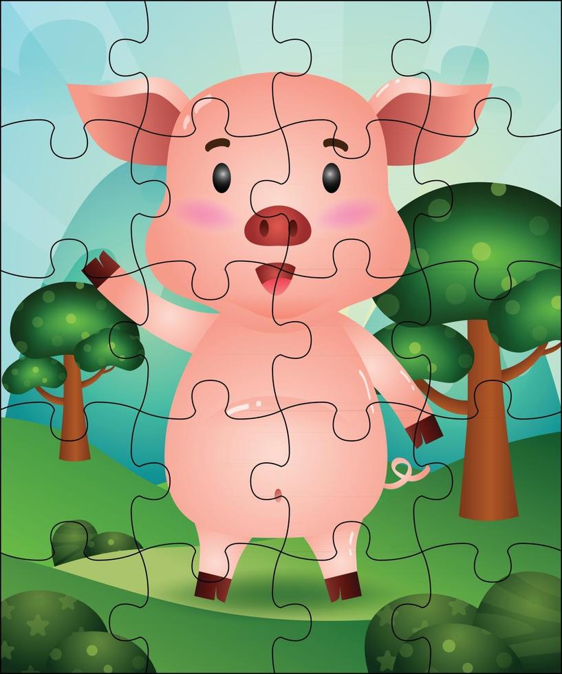 illustrazione di gioco di puzzle per bambini con maiale carino vettore