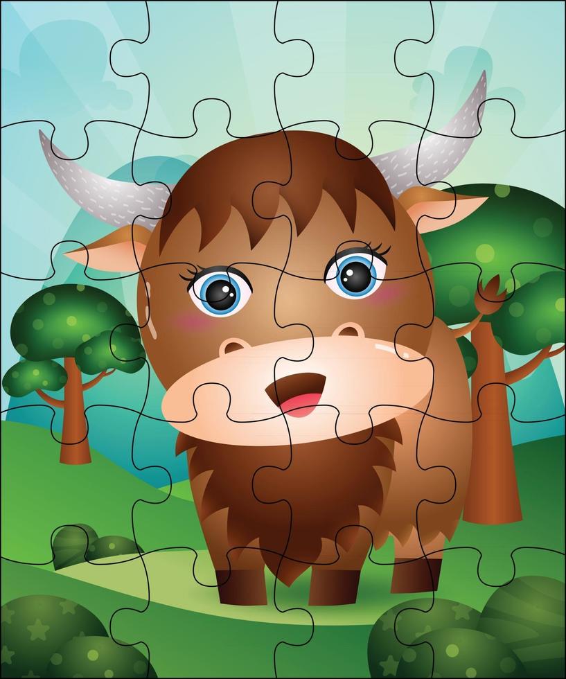 illustrazione di gioco di puzzle per bambini con bufalo carino vettore