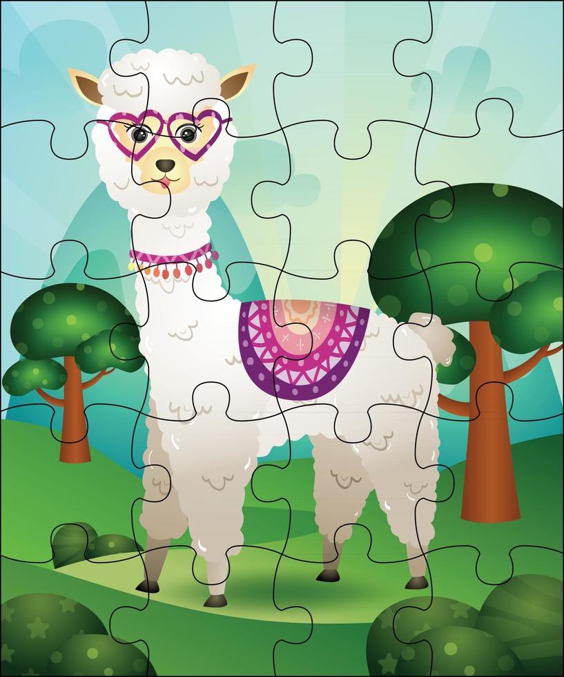 illustrazione di gioco di puzzle per bambini con alpaca carino vettore