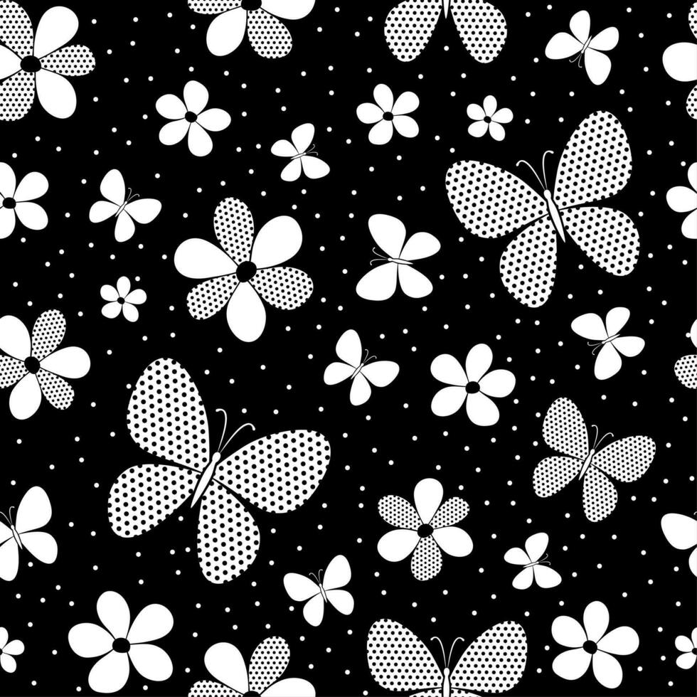 senza soluzione di continuità bianco e nero modello con farfalle e fiori. vettore illustrazione.