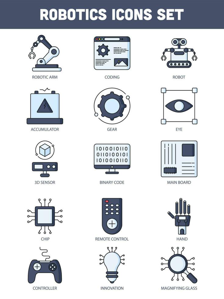 blu e nero colore impostato di robotica icona nel piatto stile. vettore