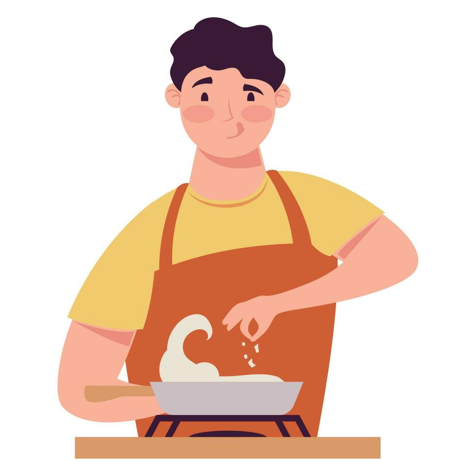 giovane uomo cucinando con padella personaggio vettore