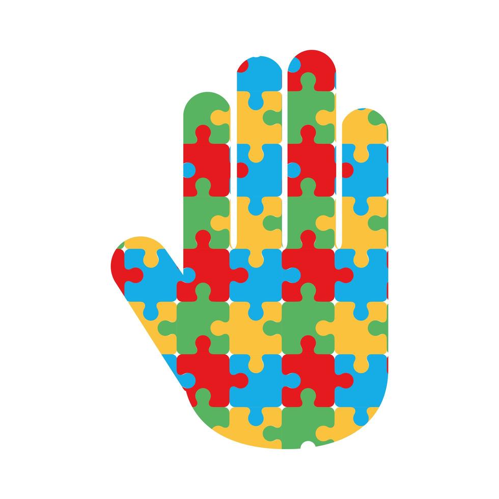 puzzle di giornata mondiale dell'autismo a forma di mano sfondo bianco vettore