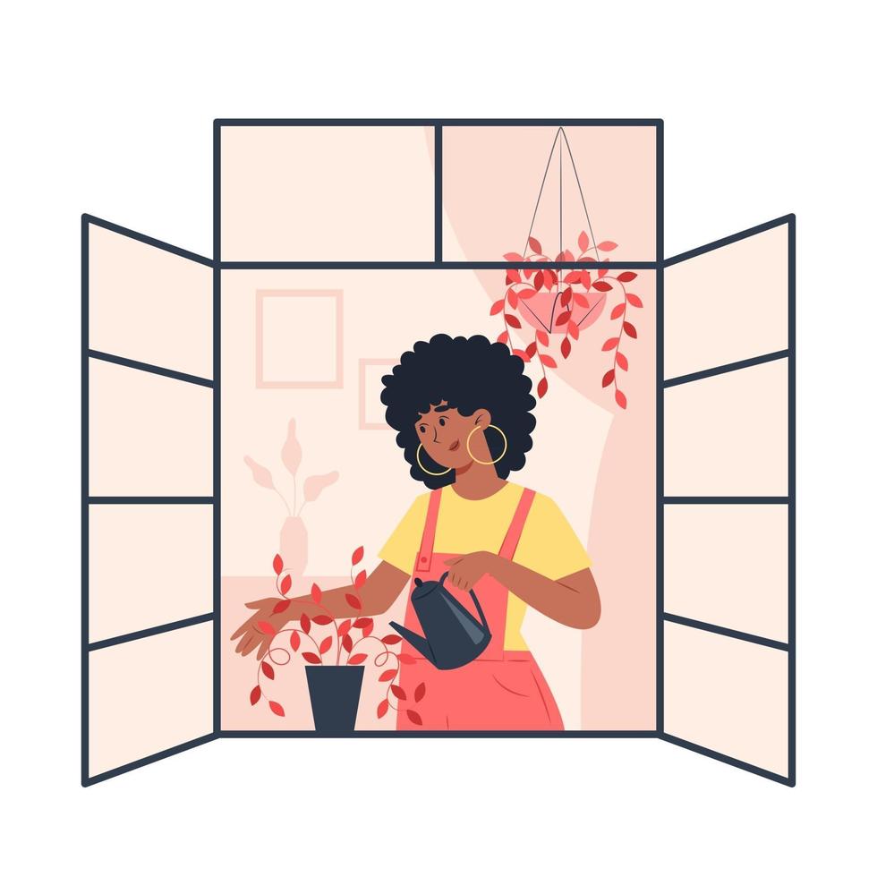 giovane donna che innaffia le piante su una finestra aperta vettore