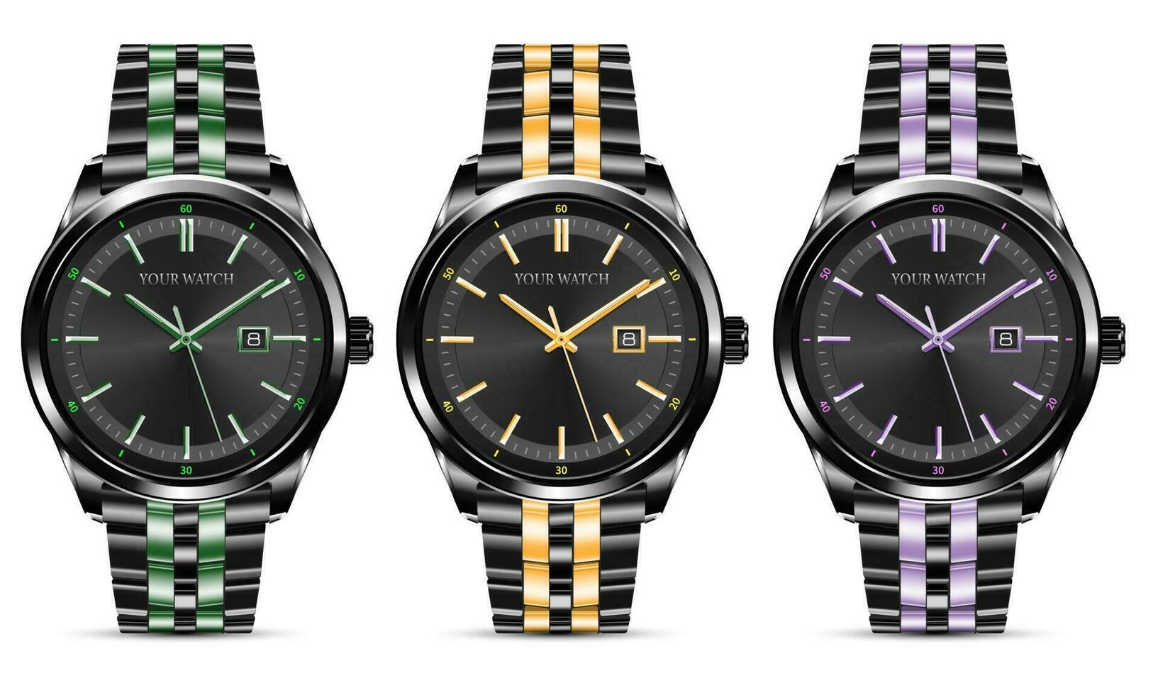 realistico orologio orologio cronografo verde giallo viola nero collezione design lusso moda oggetto per uomini su bianca sfondo vettore