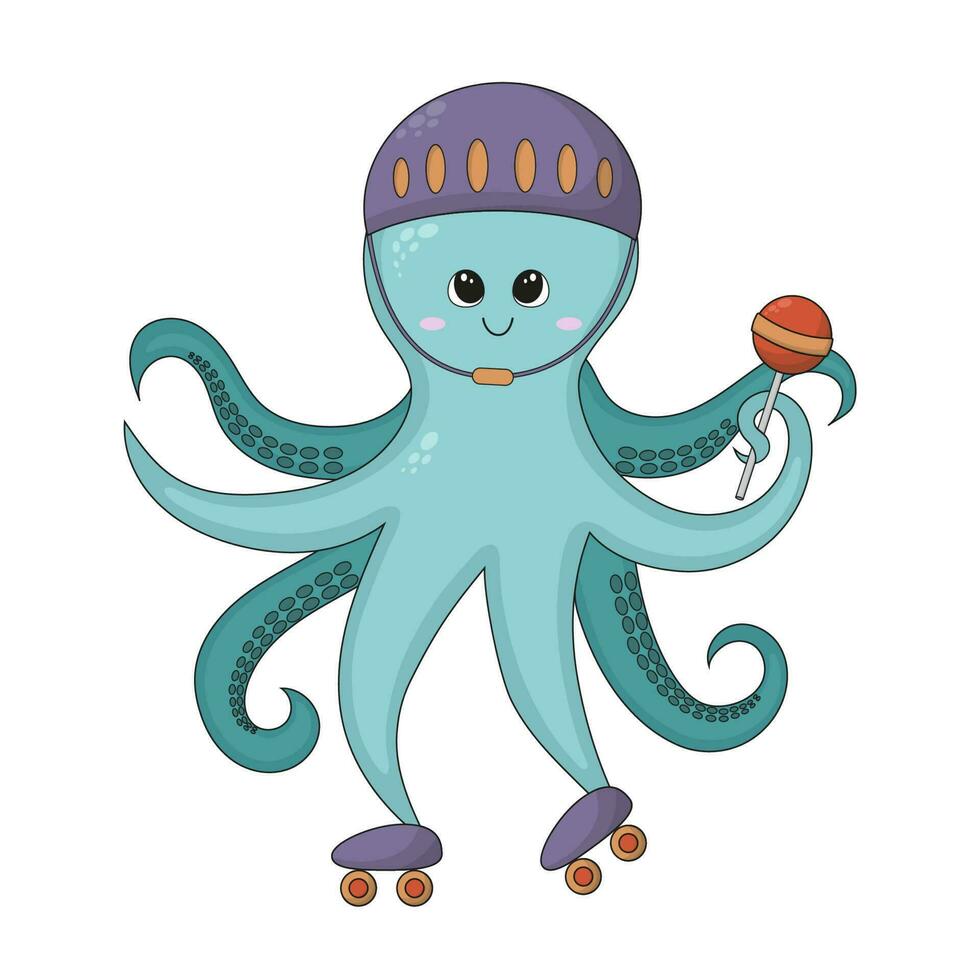 un' carino polpo nel un' casco su rullo pattini, detiene un' caramella bar con un' tentacolo. vettore illustrazione nel cartone animato stile su un' bianca sfondo. carino cartone animato mare animale per cartoline o adesivi.