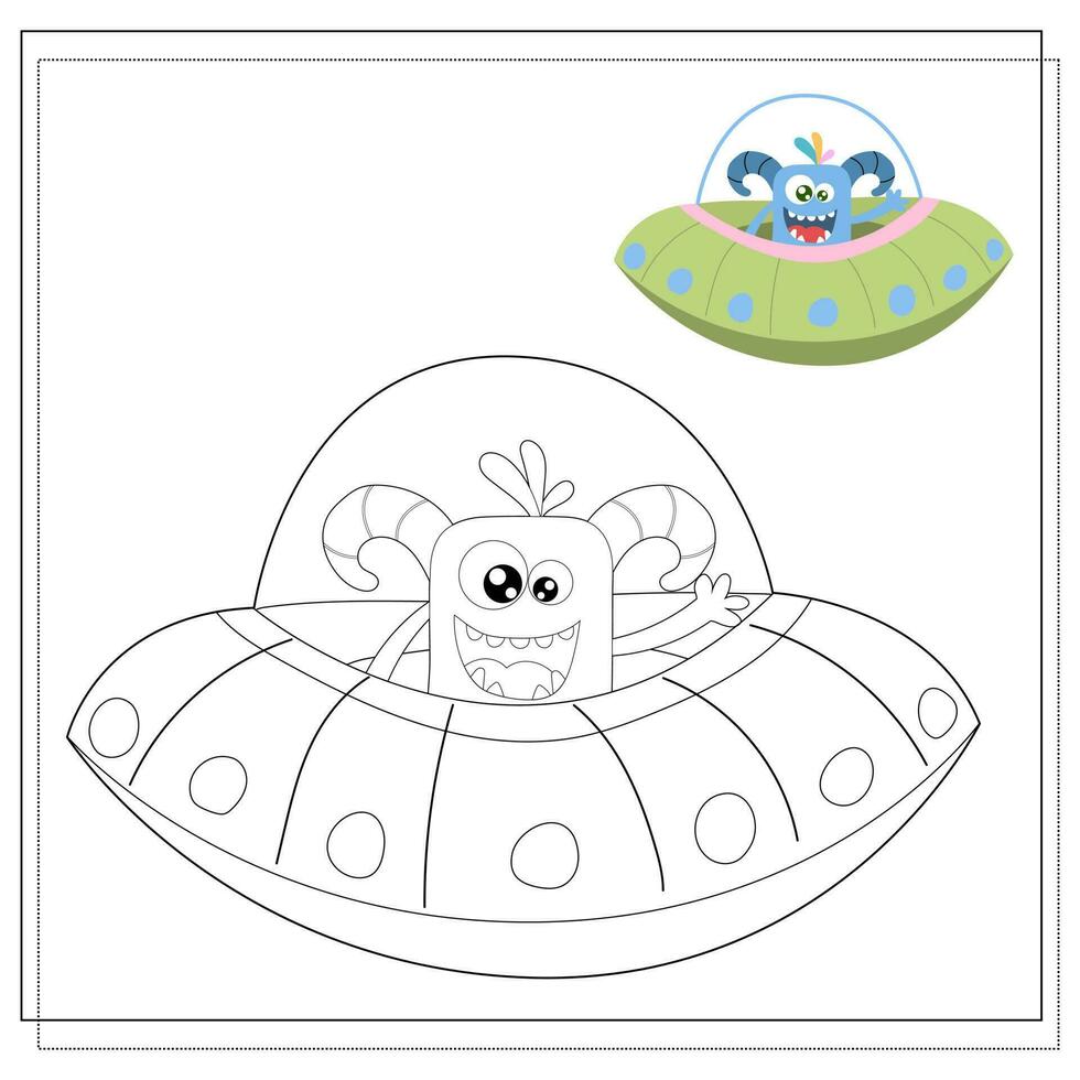 colorazione libro per bambini, cartone animato mostri, alieni nel un' volante piattino. vettore illustrazione su un' bianca sfondo.