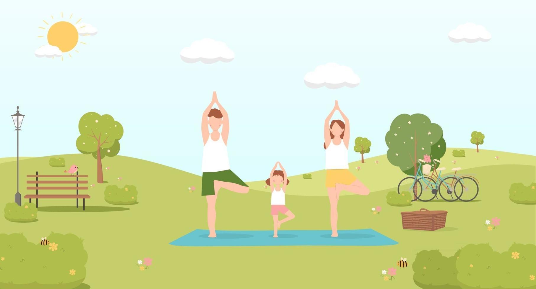 famiglia felice che fa yoga nell'illustrazione di vettore del parco. concetto di picnic estivo