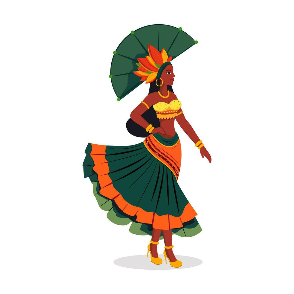 bellissimo giovane femmina indossare piuma copricapo nel in piedi posa. carnevale o samba danza concetto. vettore