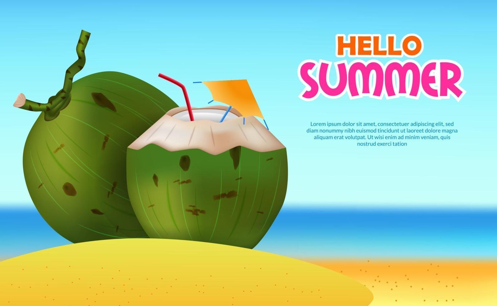 ciao banner estivo con frutta realistica acqua bevanda di cocco con sfondo isola tropicale spiaggia vettore