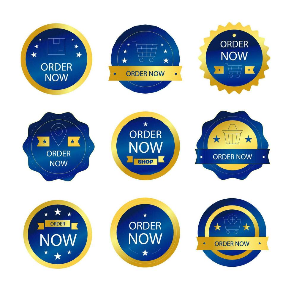 ordine adesso i saldi e promozionale blu e d'oro badge piatto vettore