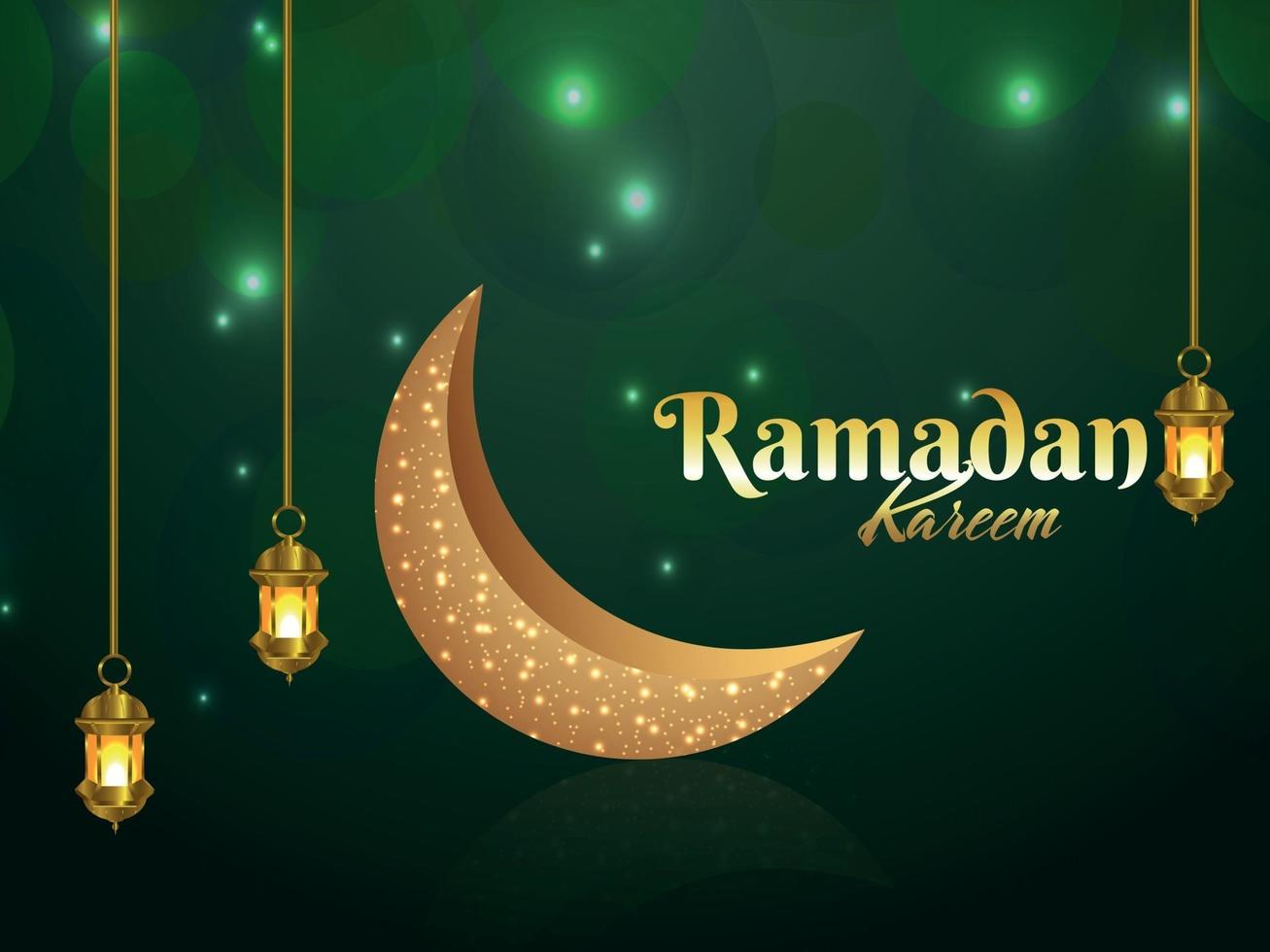 sfondo di invito ramadan kareem con luna e lanterna dorate vettore