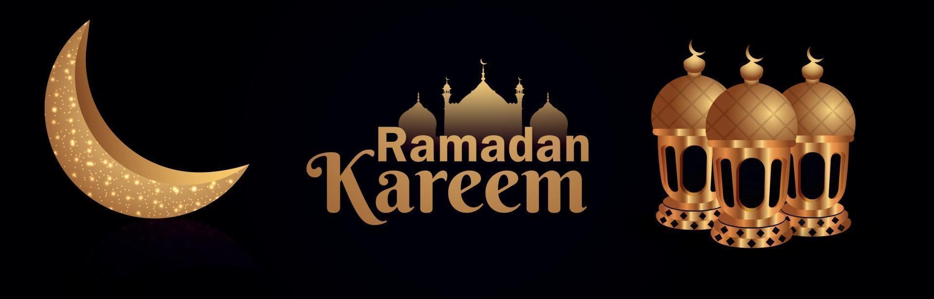 banner di celebrazione del ramadan kareem con lanterna dorata e luna vettore