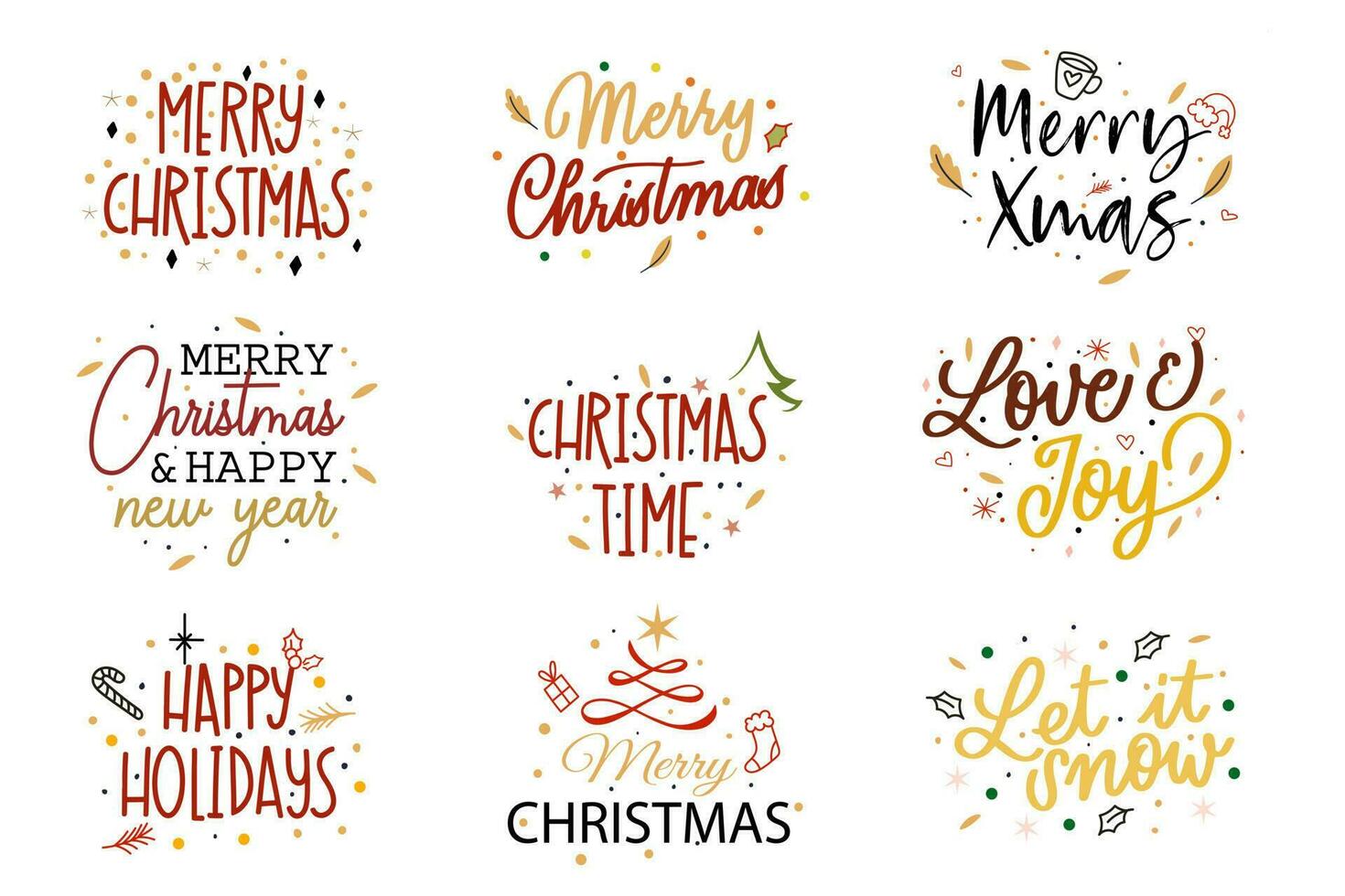 allegro Natale auguri lettering distintivi. Natale e contento nuovo anno tipografia impostato piatto vettore
