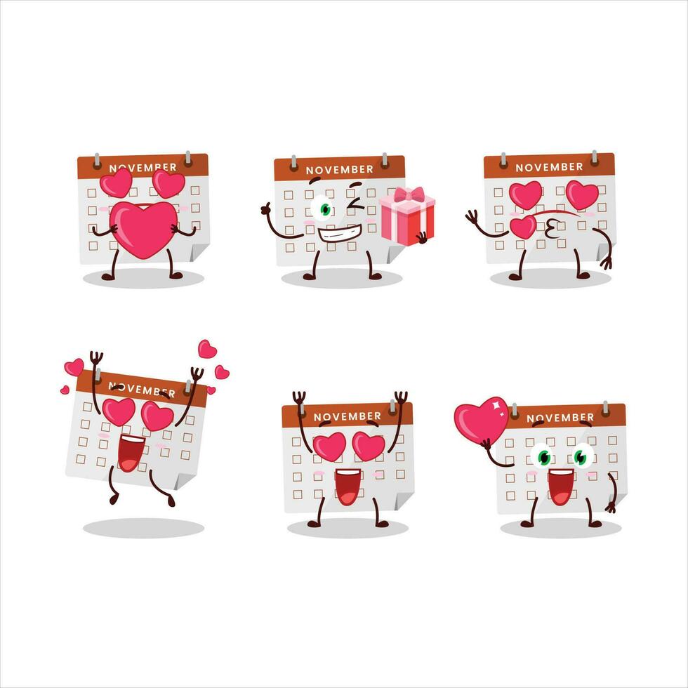 ringraziamento calendario cartone animato personaggio con amore carino emoticon vettore