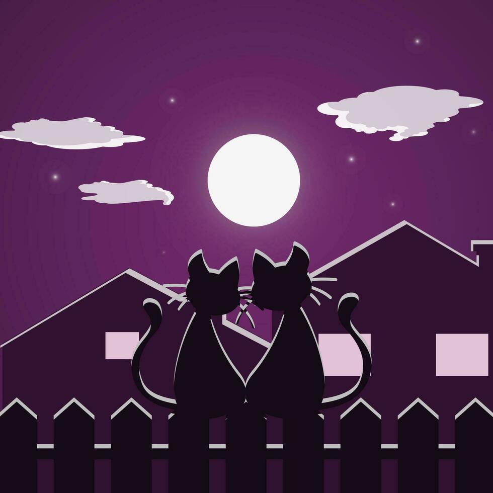 gatti su il recinzione, contro il fondale di il pieno Luna vettore