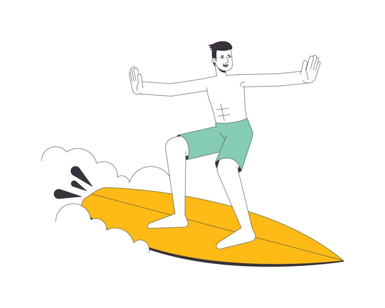 surfer uomo su onda piatto linea vettore individuare illustrazione. asiatico maschio con fare surf tavola 2d cartone animato schema personaggio su bianca per ragnatela ui design. surfen welle modificabile isolato colorato eroe Immagine