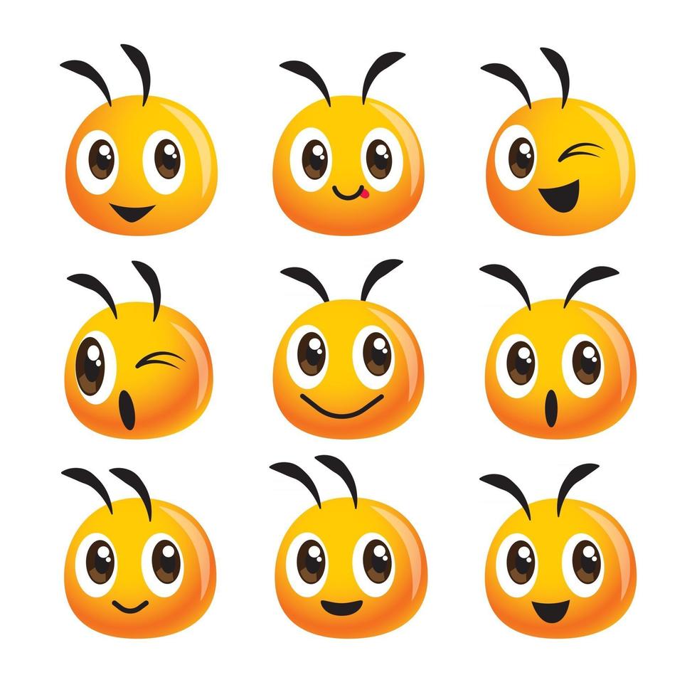 cartone animato carino testa di ape icona emoji set vettore