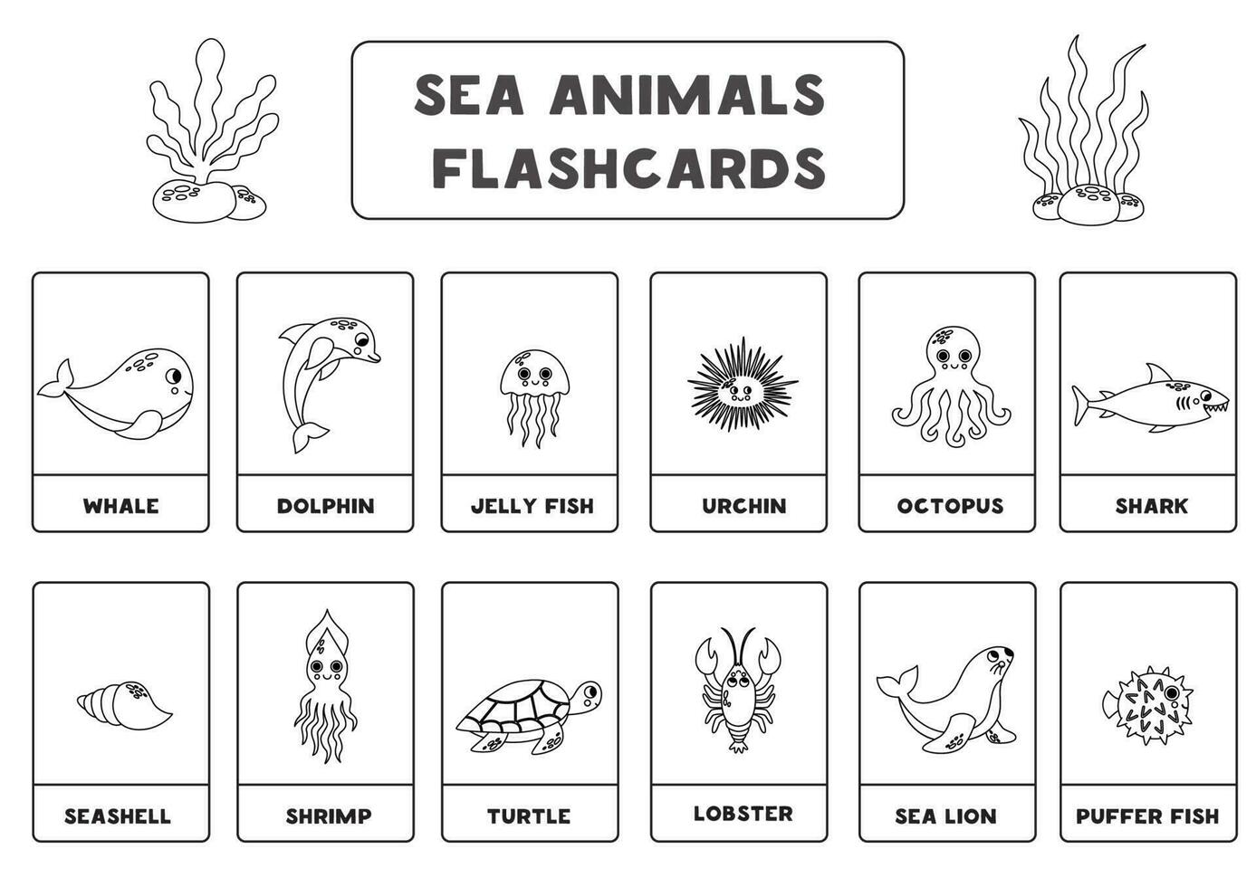 carino cartone animato mare animali con nomi. nero e bianca. flashcard per apprendimento inglese. vettore