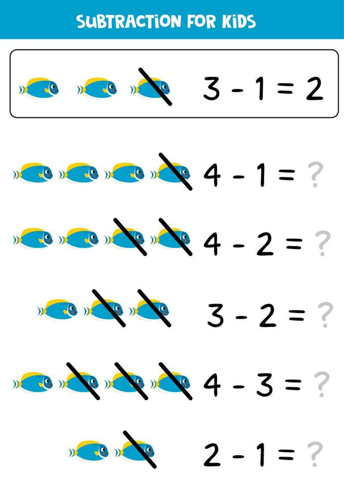 sottrazione con carino blu codolo pesce. educativo matematica gioco per bambini. vettore