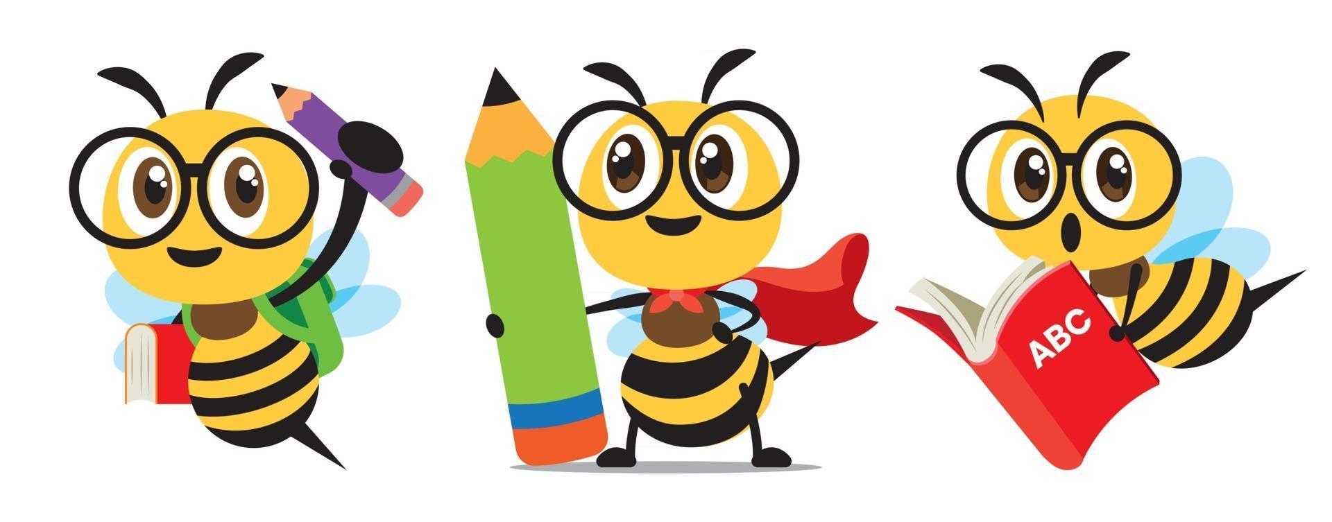cartone animato carino ape indossare mantello torna a scuola set design piatto vettore