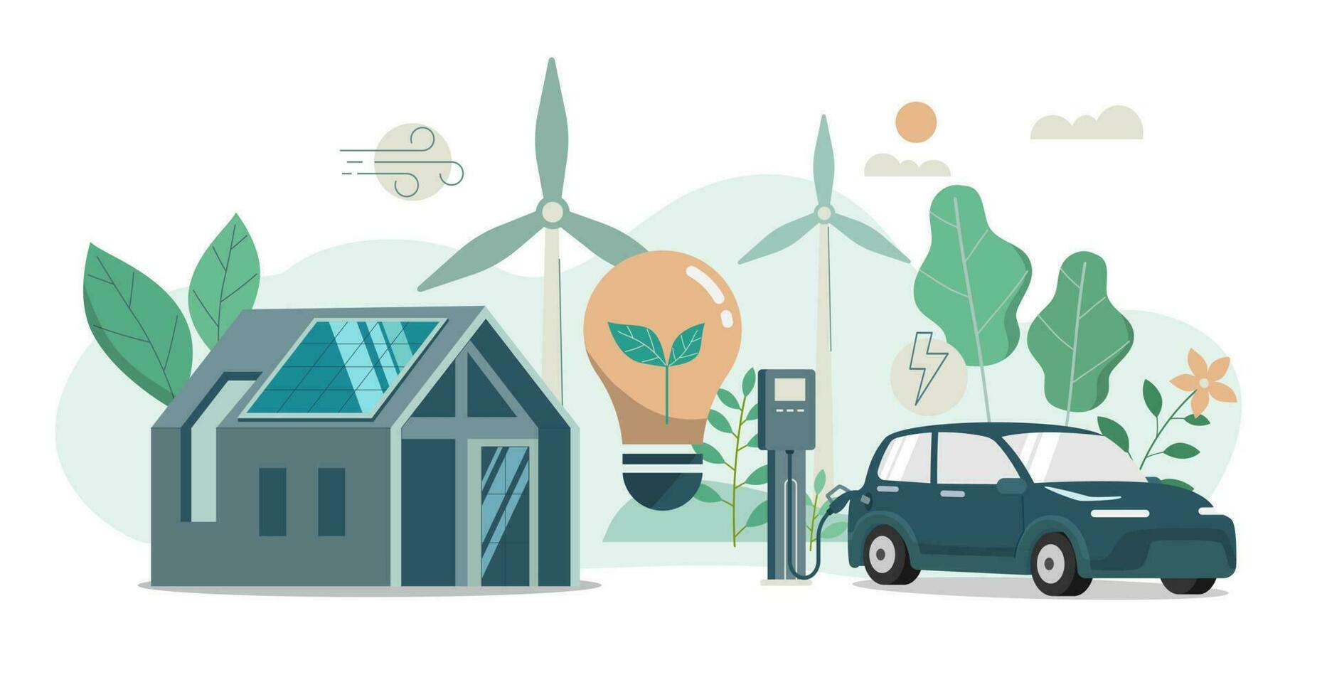 moderno ecologia Casa e solare energia pannelli, vento turbine creare elettricità, elettrico auto ricarica stazione, vettore