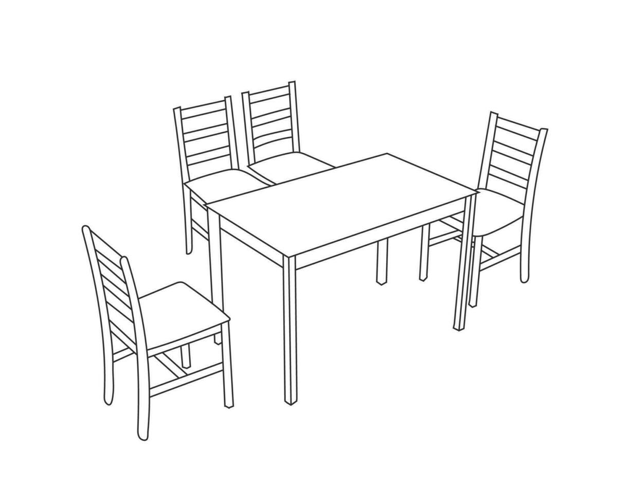 di legno sedie e tavolo impostare, mano disegnato linea arte con bianca sfondo vettore