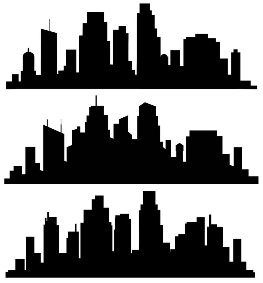 il paesaggio di edifici è staglia su bianca sfondo. un' nero schema di vita bassa e grattacielo complessi e grattacieli. strutturale costruzioni posto urbano oggetti vettore