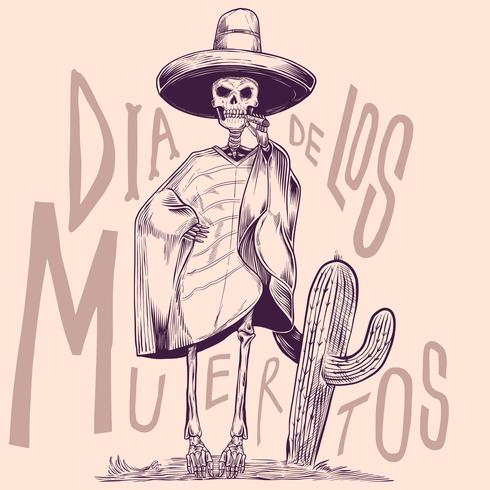 Scheletro nei costumi nazionali messicani con l'illustrazione d'annata dell'incisione del cactus vettore