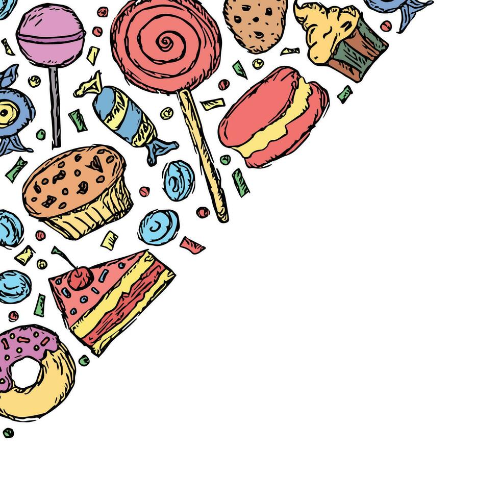 disegnato dolci sfondo. scarabocchio cibo illustrazione con dolci e posto per testo vettore