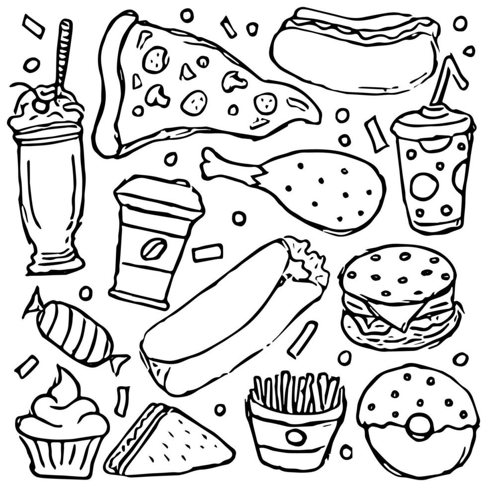 veloce cibo sfondo. scarabocchio Fast food icone. disegnato cibo illustrazione vettore