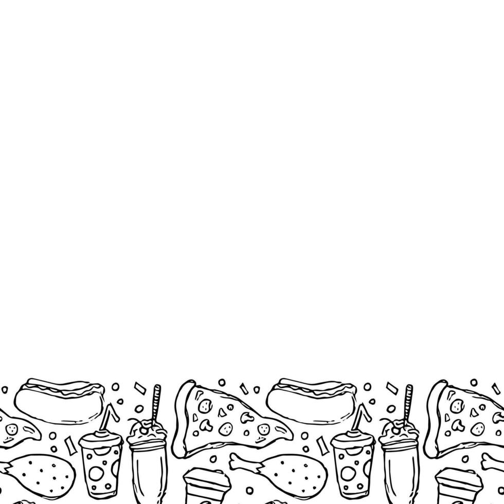 veloce cibo sfondo con posto per testo. scarabocchio Fast food icone. disegnato cibo illustrazione vettore