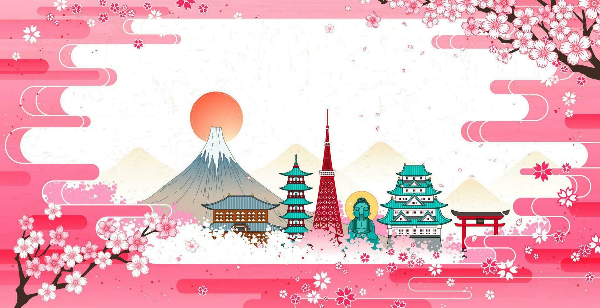 Giappone punto di riferimento viaggio striscione, con mondo famoso attrazioni di Giappone incorniciato di rosa fausto nube e fioritura allegro fiorire vettore