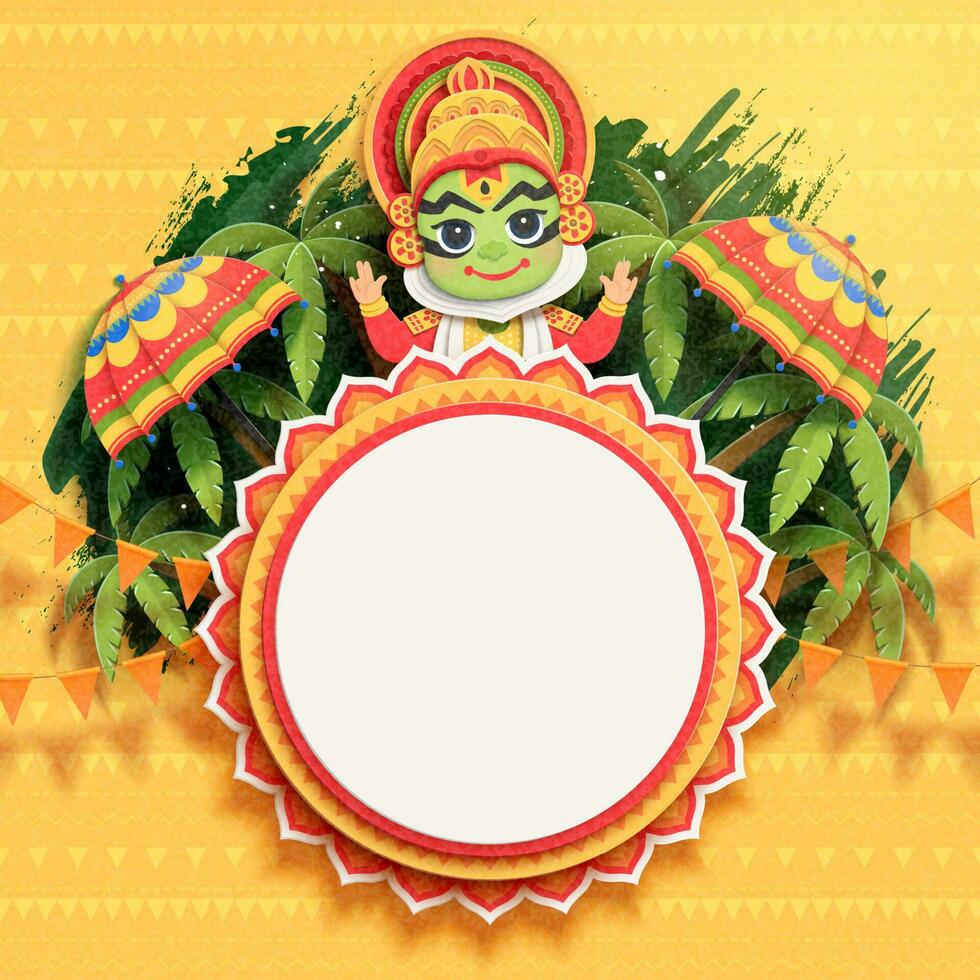 contento onam Festival design con carino kathakali ballerino su palma albero sfondo nel carta arte vettore