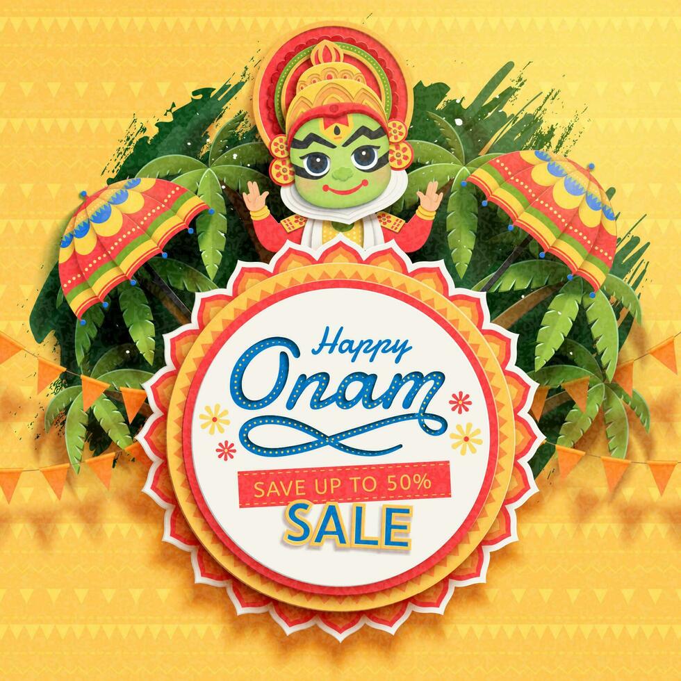contento onam Festival vendita design con carino kathakali ballerino su palma albero sfondo nel carta arte vettore
