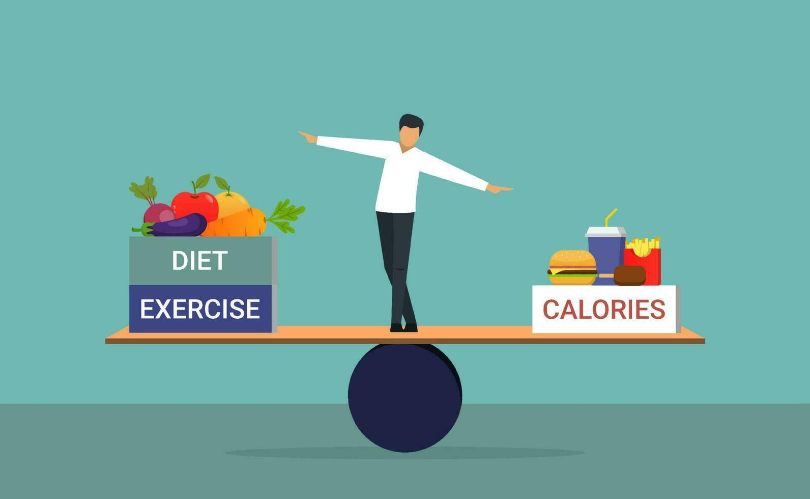 equilibratura fra calorie con esercizio e dieta, scala e pesatura noi mangiò e noi bruciare, calorie nel e calorie fuori, salutare vita stile dieta vettore