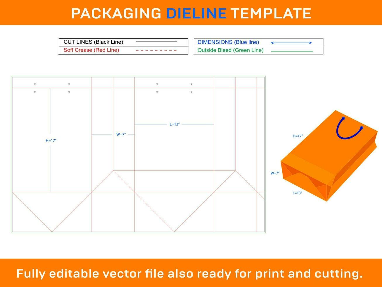 13x7x17 pollice shopping Borsa Dieline modello vettore